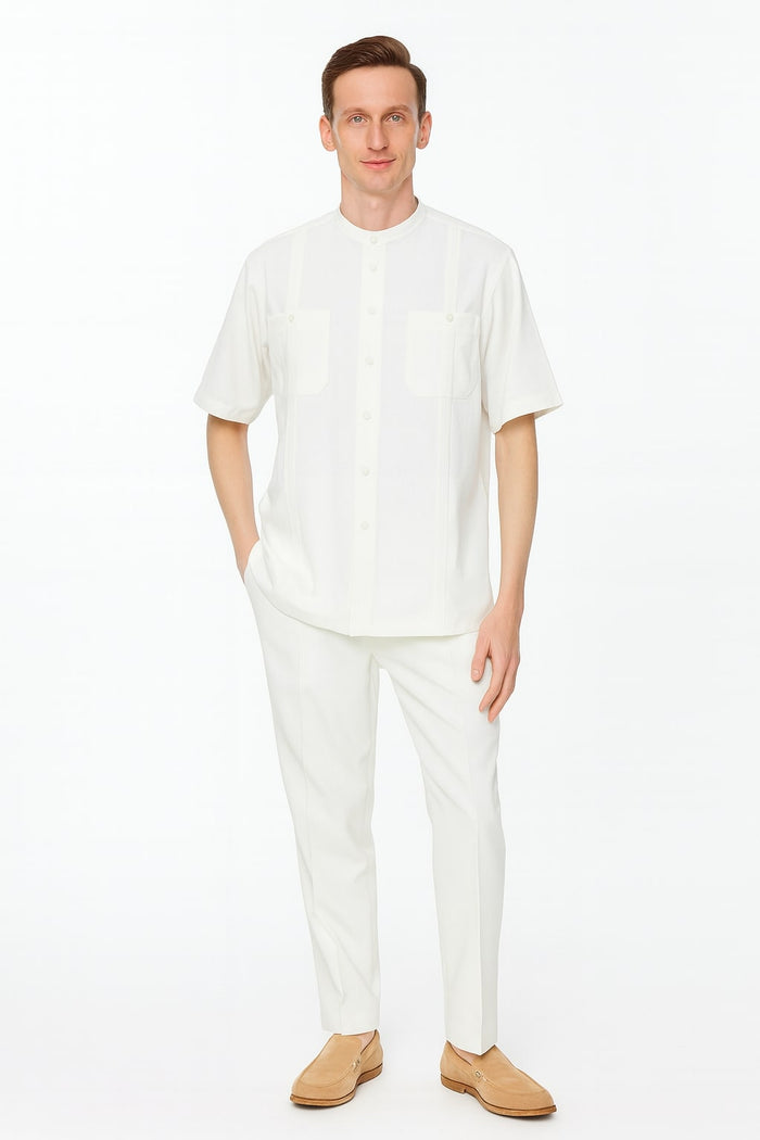 Mens White Banded Collar Two-Piece Set  Short Sleeve Shirt and Pants Banded Collar Linen Fabric