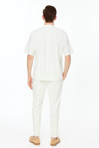 Mens White Banded Collar Two-Piece Set  Short Sleeve Shirt and Pants Banded Collar Linen Fabric