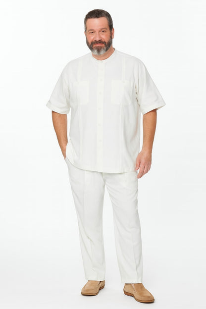 Mens White Banded Collar Two-Piece Set  Short Sleeve Shirt and Pants Banded Collar Linen Fabric