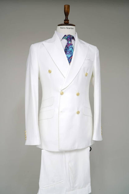 Mens White Double-Breasted Suit with Gold Buttons  Formal Slim Fit 2-Piece Set