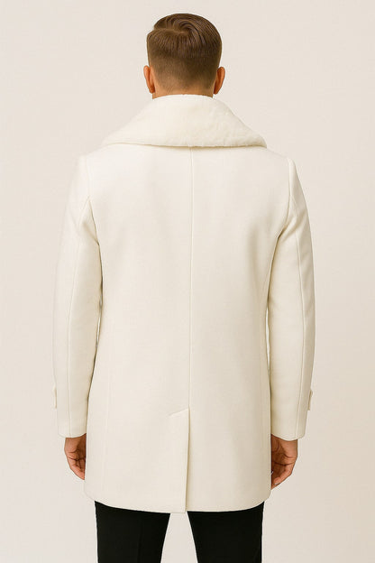 Mens White Peacoat Double-Breasted Overcoat with Faux Fur Shawl Collar  Alberto Nardoni Collection Wool Fabric