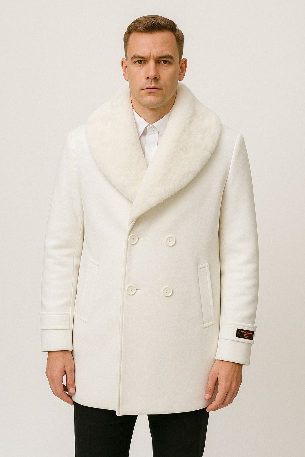 Mens White Peacoat Double-Breasted Overcoat with Faux Fur Shawl Collar  Alberto Nardoni Collection Wool Fabric