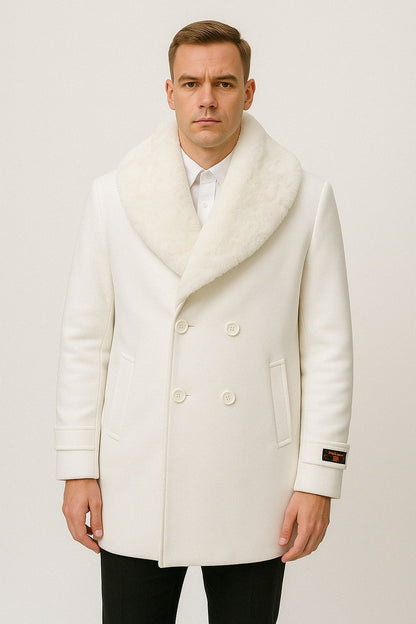 Mens White Peacoat Double-Breasted Overcoat with Faux Fur Shawl Collar  Alberto Nardoni Collection Wool Fabric