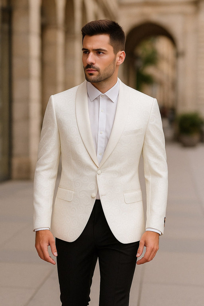Men's White Swirl Pattern Tuxedo Jacket with White Satin Shawl Lapel