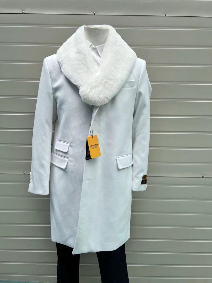 Mens White Wool Overcoat with Plush Faux Fur Shawl Collar  Alberto Nardoni Formal Winter Coat