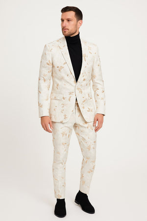 Mens White and Gold Embroidered Floral Suit  Prom Tuxedo Suit