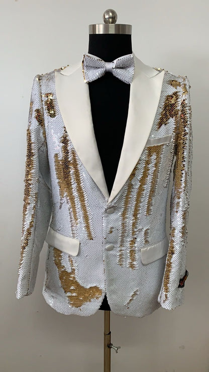 Mens White and Gold Reversible Sequin Tuxedo Jacket with Satin Lapel and Matching Bow Tie