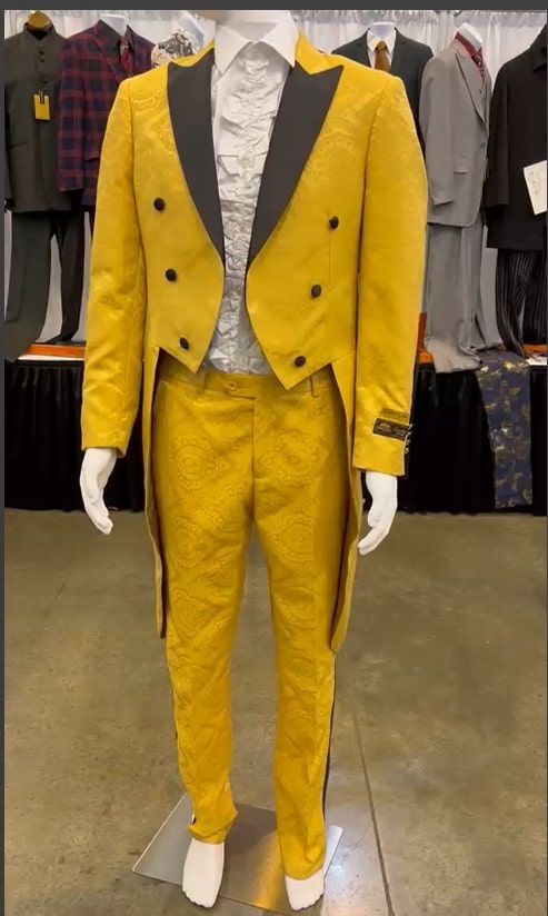Mens Yellow Tailcoat Tuxedo with Black Lapel and Brocade Detailing  Formal Vintage Style Suit