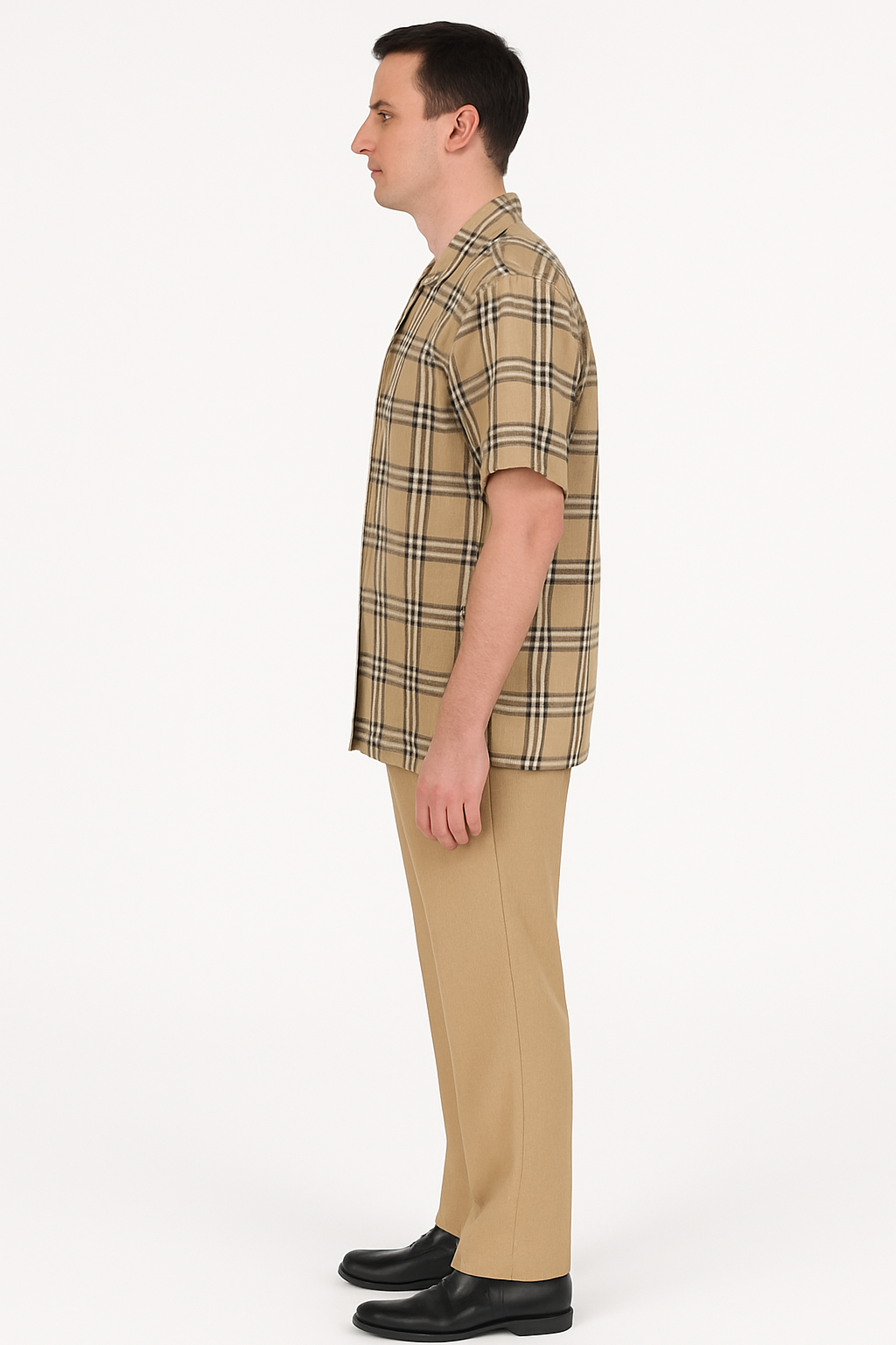 Classic Beige Plaid Short Sleeve Button-Up Shirt for Men