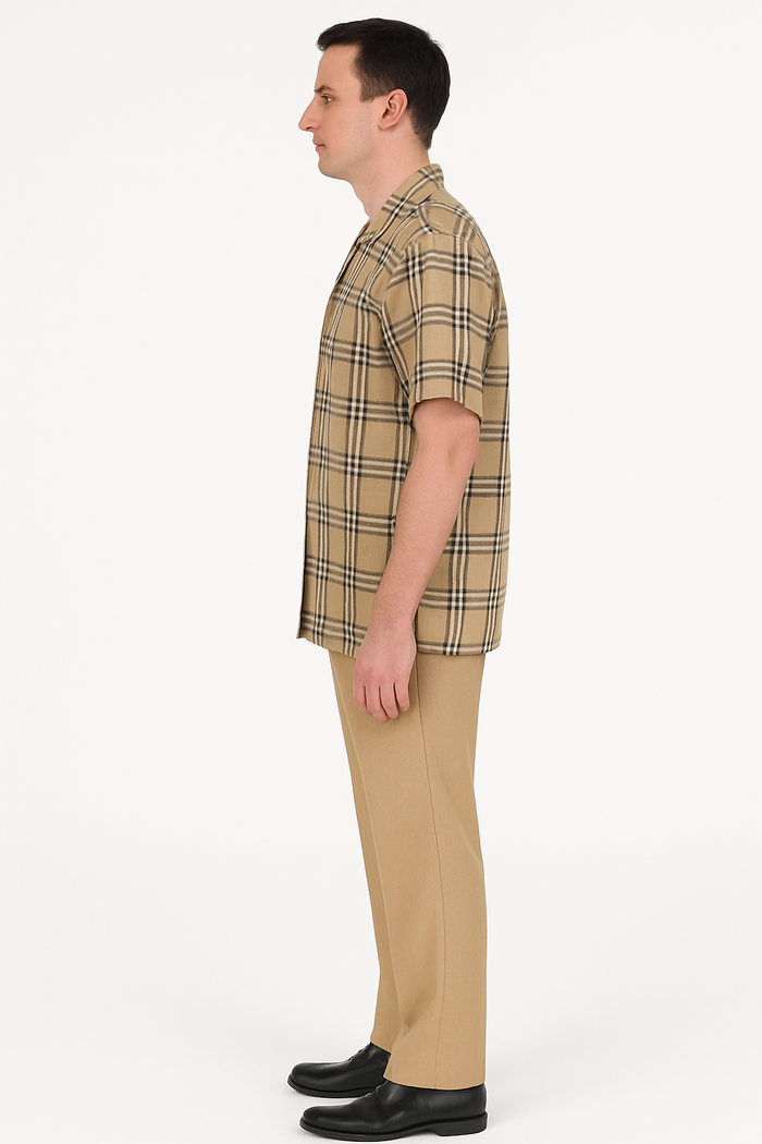 Classic Beige Plaid Short Sleeve Button-Up Shirt for Men