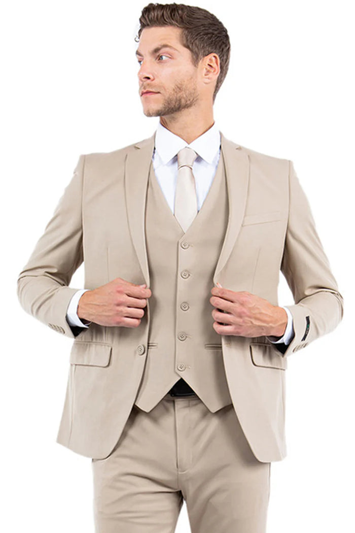 Mens Zegarie Brand Men's One Button Vested Slim Fit Business & Wedding Suit in Tan