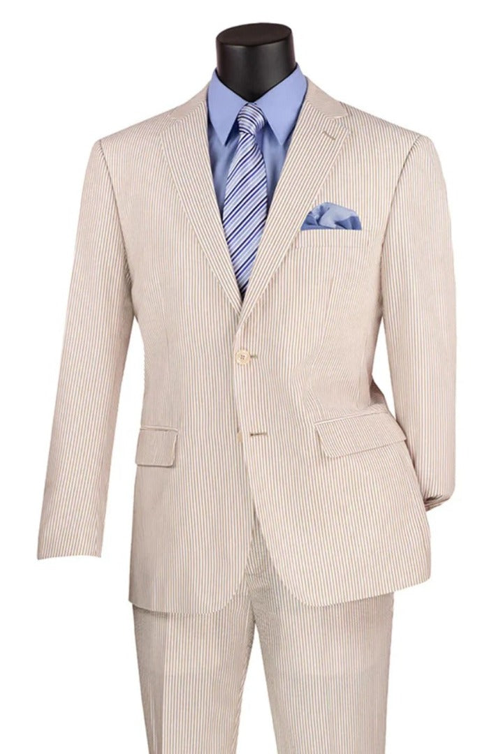 Men's 2PC Summer Seersucker Modern Fit Suit in Tan Pinstripe - Men's Tuxedo USA