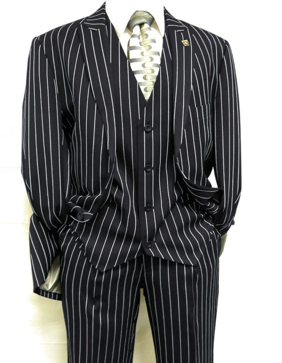 Mens 2 Button Gangster Pinstripe Suit in BLACK / GREY / BURGUNDY