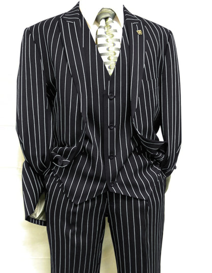 Mens 2 Button Gangster Pinstripe Suit in BLACK / GREY / BURGUNDY