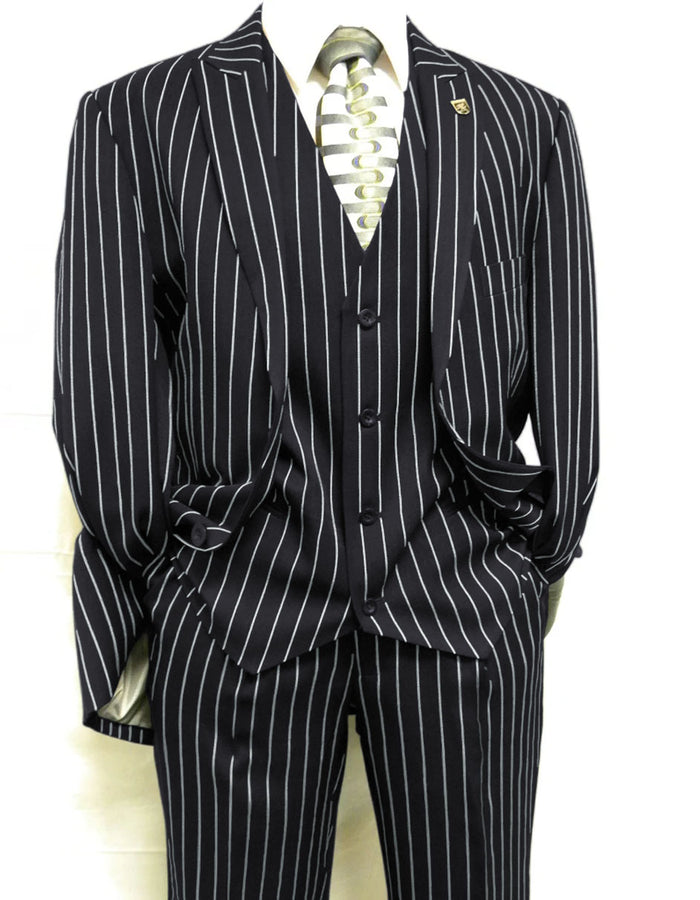 Men’s 3-Piece Gangster Pinstripe Suit – 2-Button Vintage Suit in Black, Grey or Burgundy