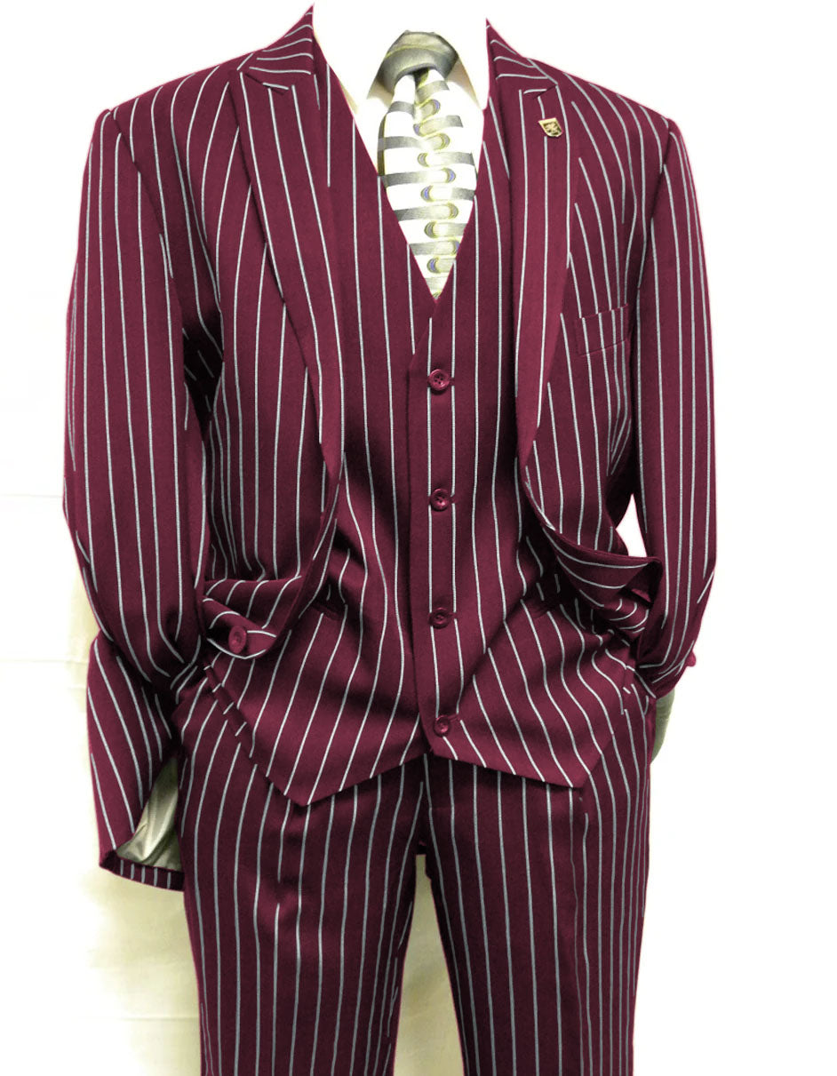 Mens 2 Button Gangster Pinstripe Suit in BLACK / GREY / BURGUNDY
