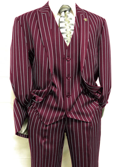 Mens 2 Button Gangster Pinstripe Suit in BLACK / GREY / BURGUNDY