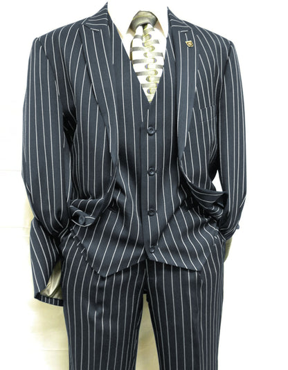 Mens 2 Button Gangster Pinstripe Suit in BLACK / GREY / BURGUNDY