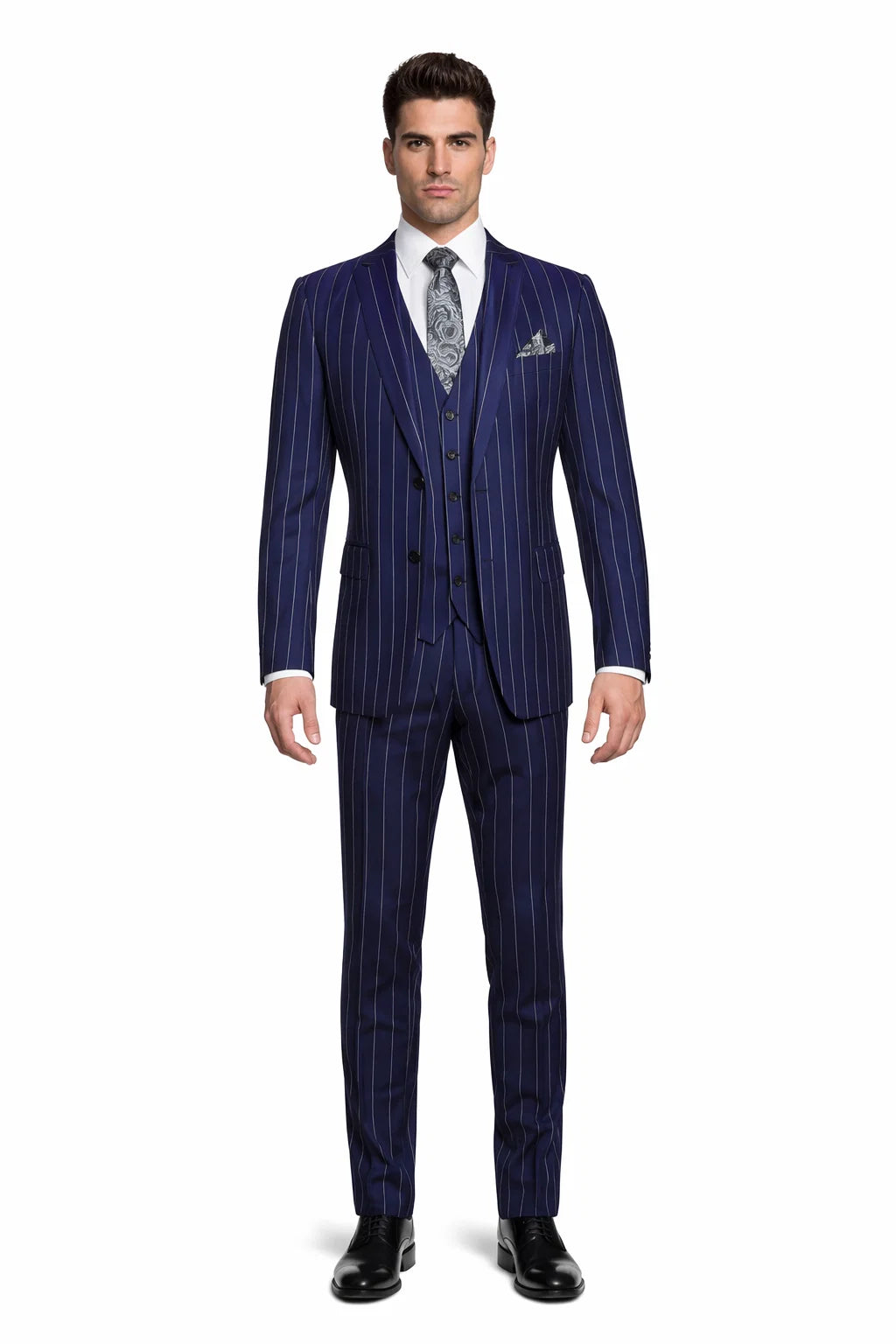 Mens 2 Button Gangster Pinstripe Suit in Dark Navy