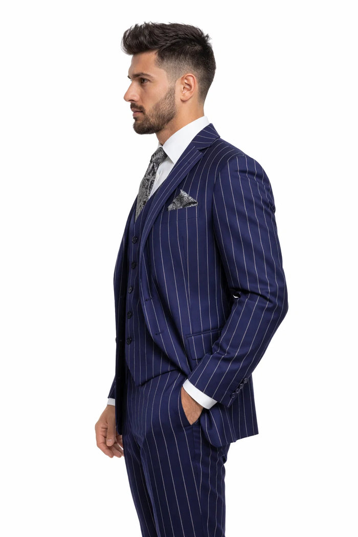 Mens 2 Button Gangster Pinstripe Suit in Dark Navy