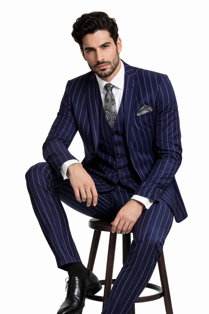 Mens 2 Button Gangster Pinstripe Suit in Dark Navy