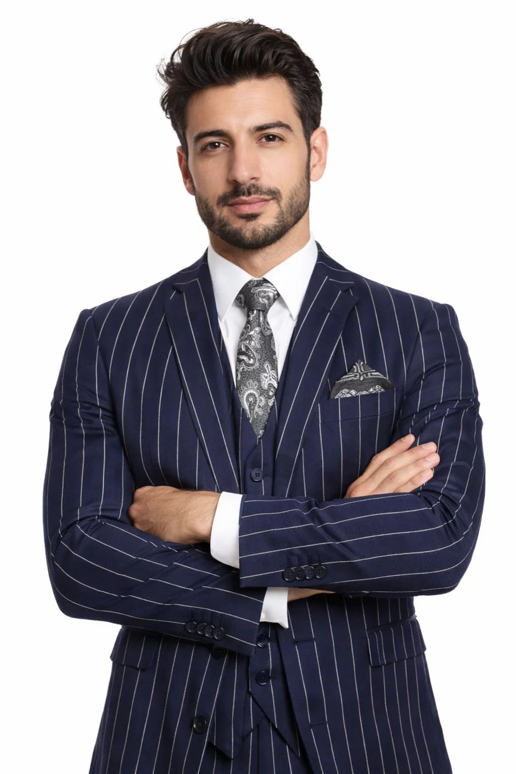 Mens 2 Button Gangster Pinstripe Suit in Dark Navy