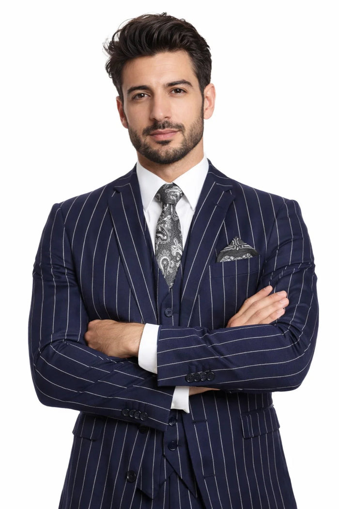 Mens 2 Button Gangster Pinstripe Suit in Dark Navy