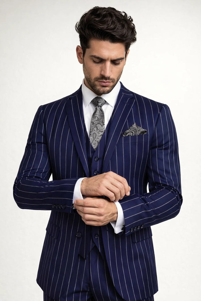Mens 2 Button Gangster Pinstripe Suit in Dark Navy
