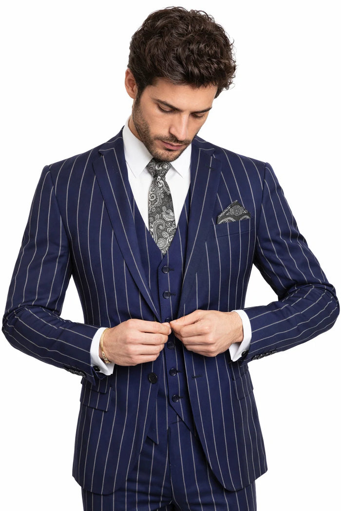 Mens 2 Button Gangster Pinstripe Suit in Dark Navy