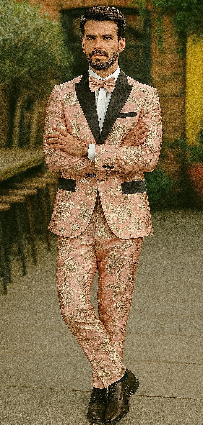 Mens 2 Button Light Baby Pink & Gold Floral Paisley Tuxedo Blazer