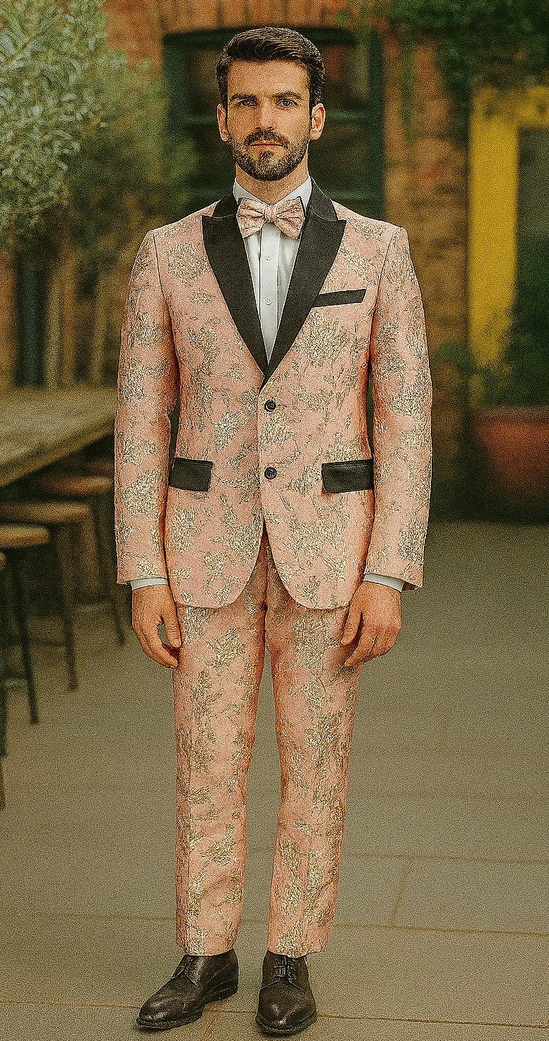 Mens 2 Button Light Baby Pink & Gold Floral Paisley Tuxedo Blazer