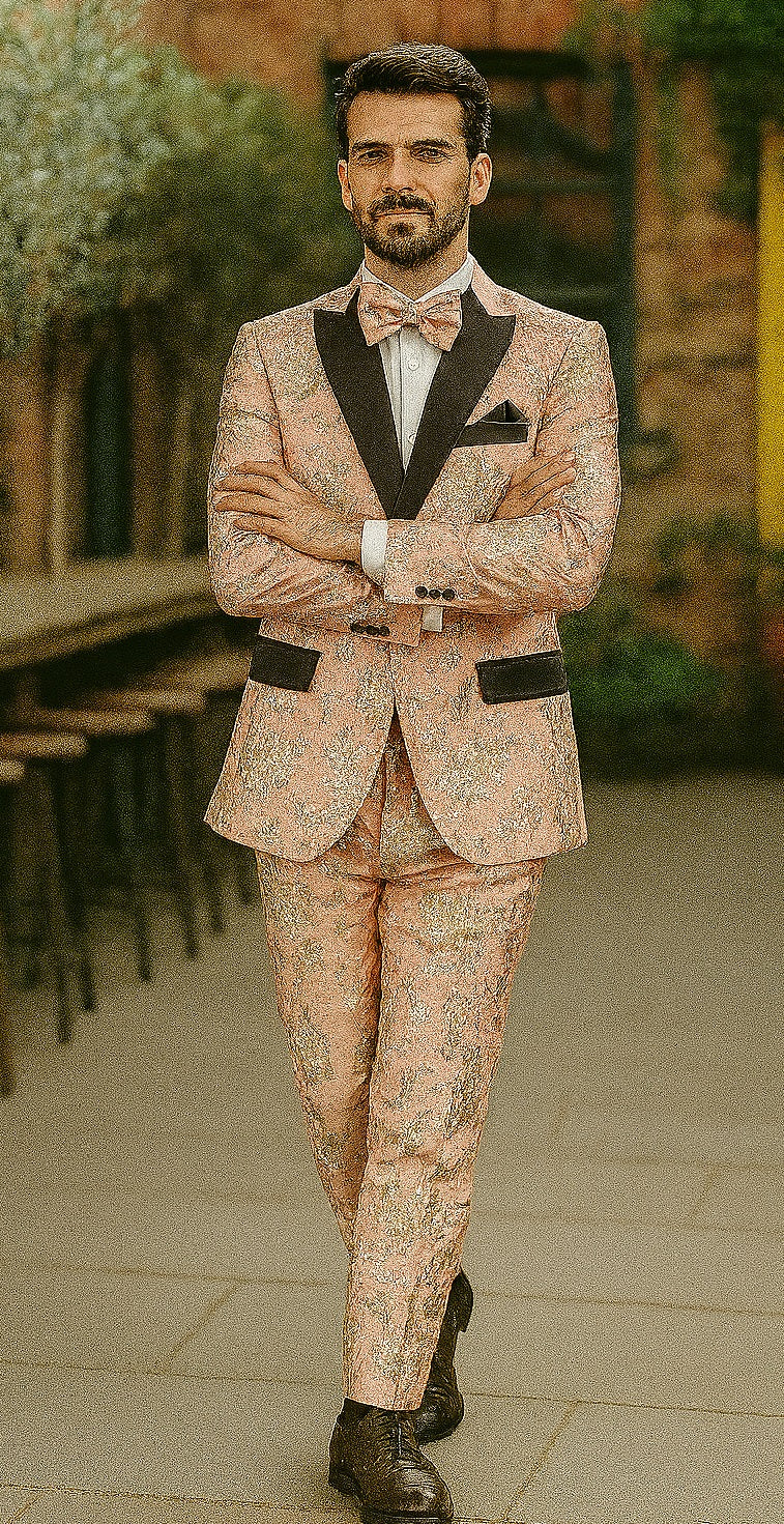 Mens 2 Button Light Baby Pink & Gold Floral Paisley Tuxedo Blazer