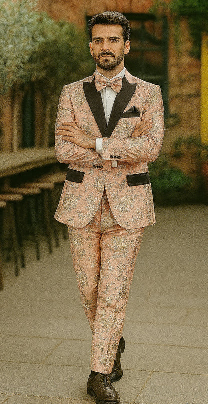 Mens 2 Button Light Baby Pink & Gold Floral Paisley Tuxedo Blazer