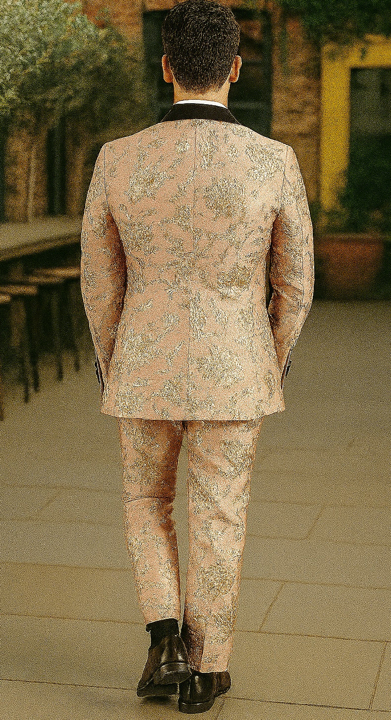 Mens 2 Button Light Baby Pink & Gold Floral Paisley Tuxedo Blazer