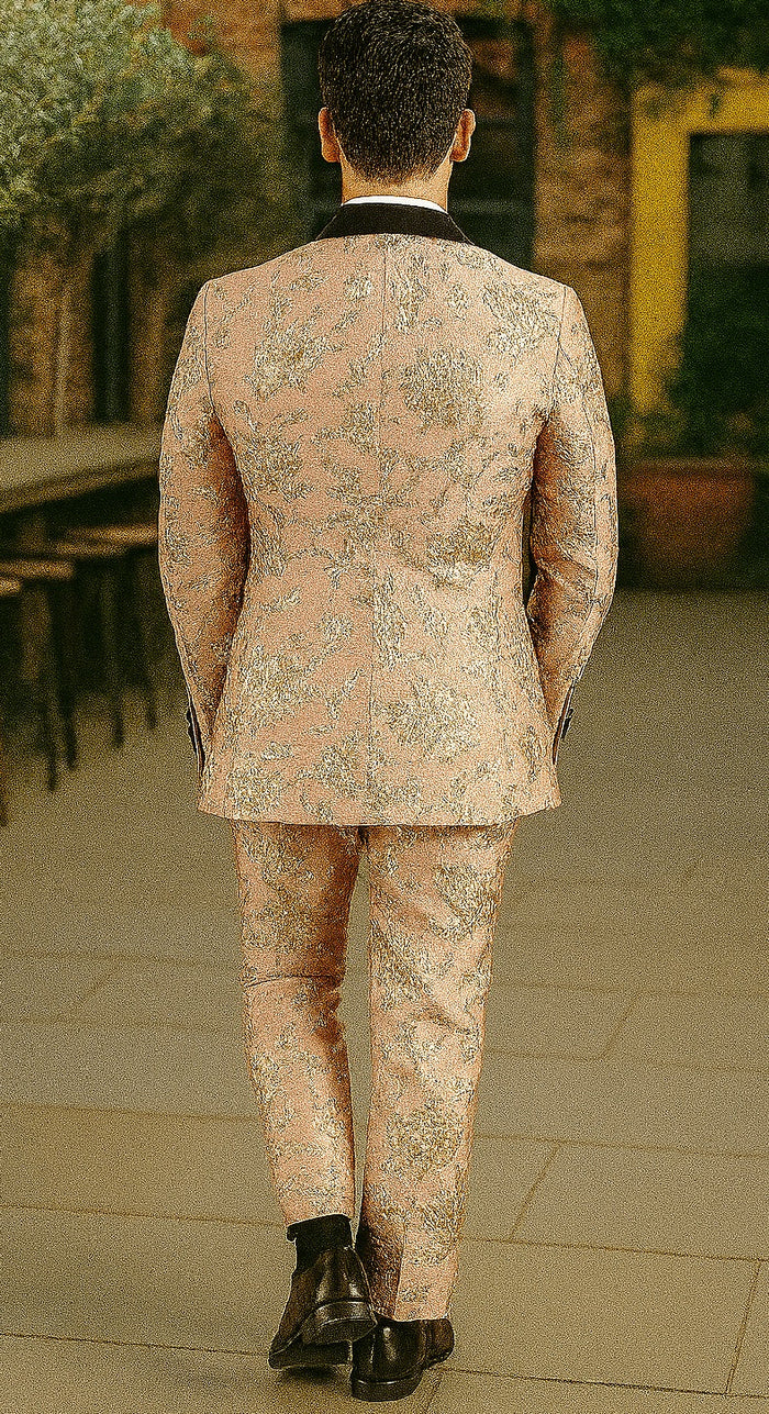 Mens 2 Button Light Baby Pink & Gold Floral Paisley Tuxedo Blazer