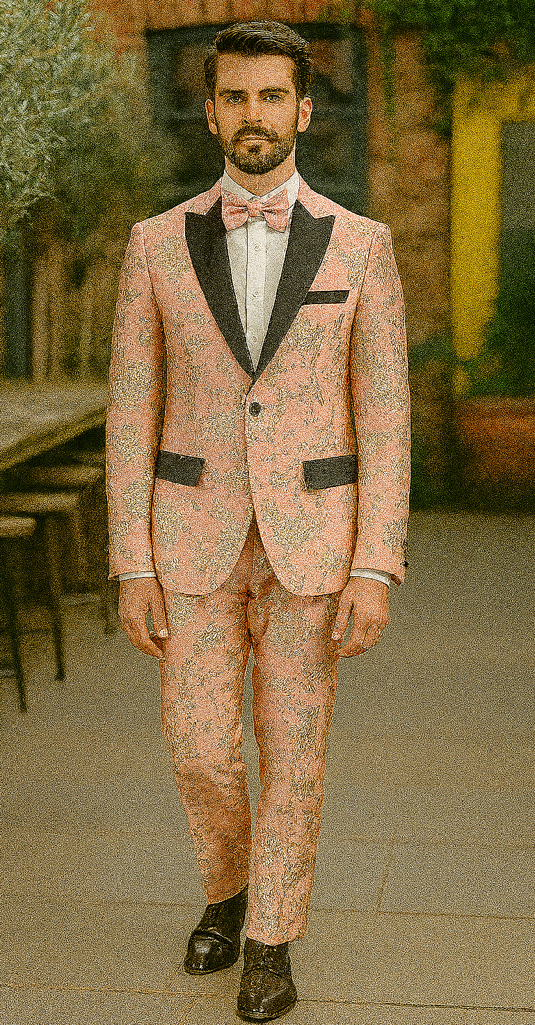 Mens 2 Button Light Baby Pink & Gold Floral Paisley Tuxedo Blazer