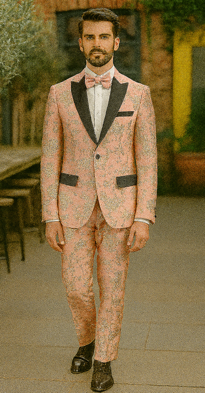 Mens 2 Button Light Baby Pink & Gold Floral Paisley Tuxedo Blazer