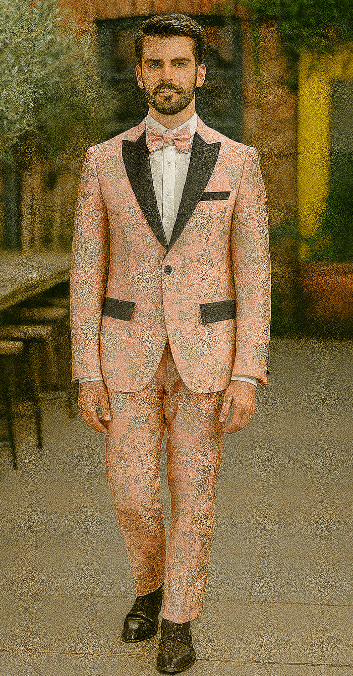 Mens 2 Button Light Baby Pink & Gold Floral Paisley Tuxedo Blazer
