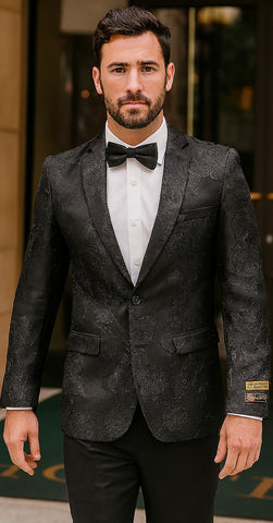 Mens 2 Button Shiny Black on Black Floral Paisley Prom & Wedding Blazer