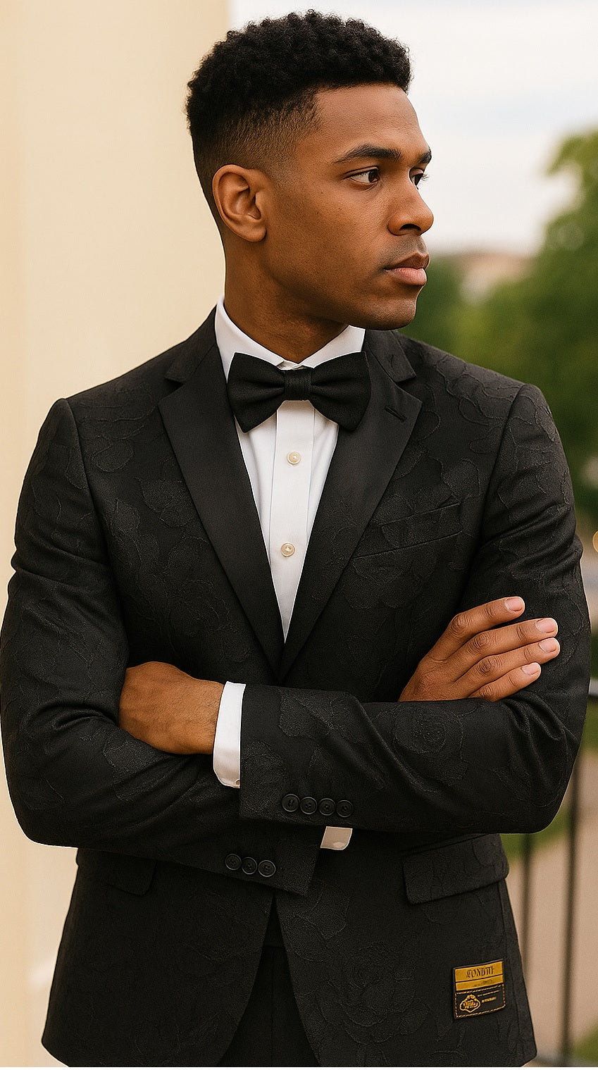 Mens 2 Button Shiny Black on Black Floral Paisley Prom & Wedding Blazer
