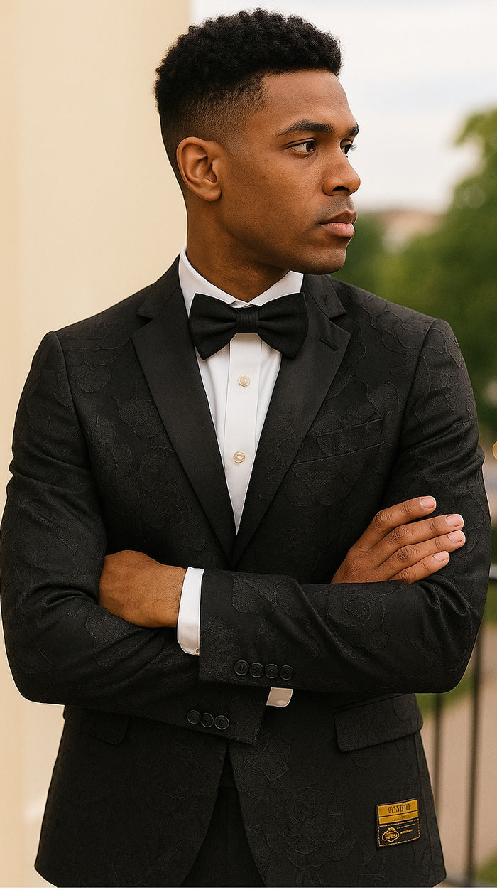 Mens 2 Button Shiny Black on Black Floral Paisley Prom & Wedding Blazer