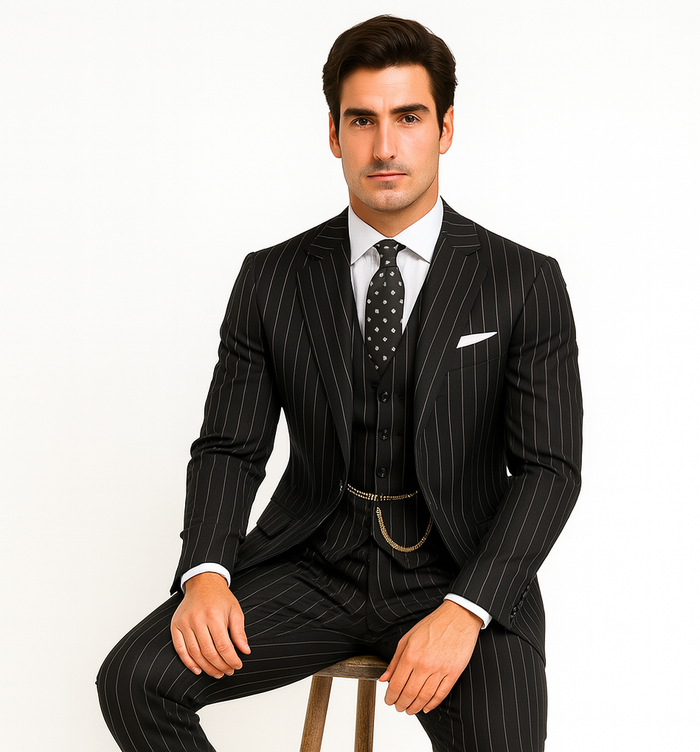 Mens 2 button Gangster Pinstripe Suit in Black & White