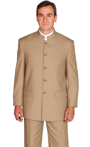 Mens 5 Button Mandarin Collar Suit in Tan Pinstripe