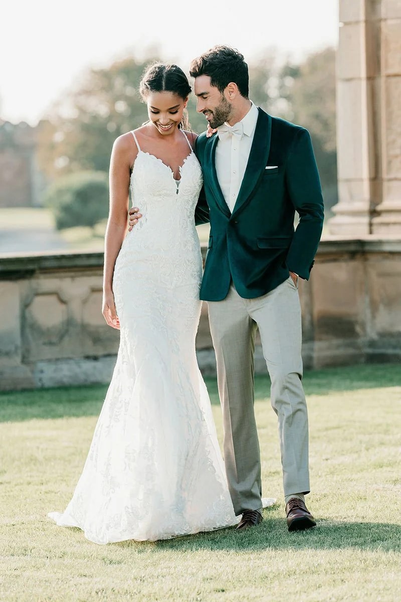 emerald green dress with blazer Elegant Couple Look in Emerald Green and Beige Evening Style Inspiration