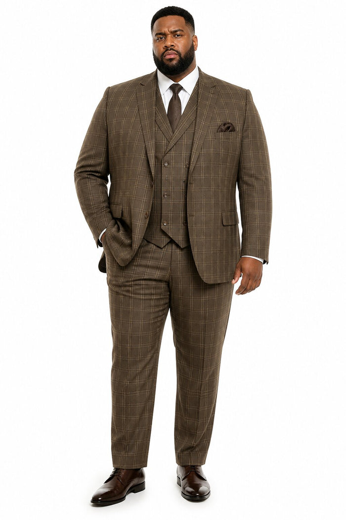 Mens Brown Windowpane Plaid Suit 2-Button Jacket with Double-Breasted Vest