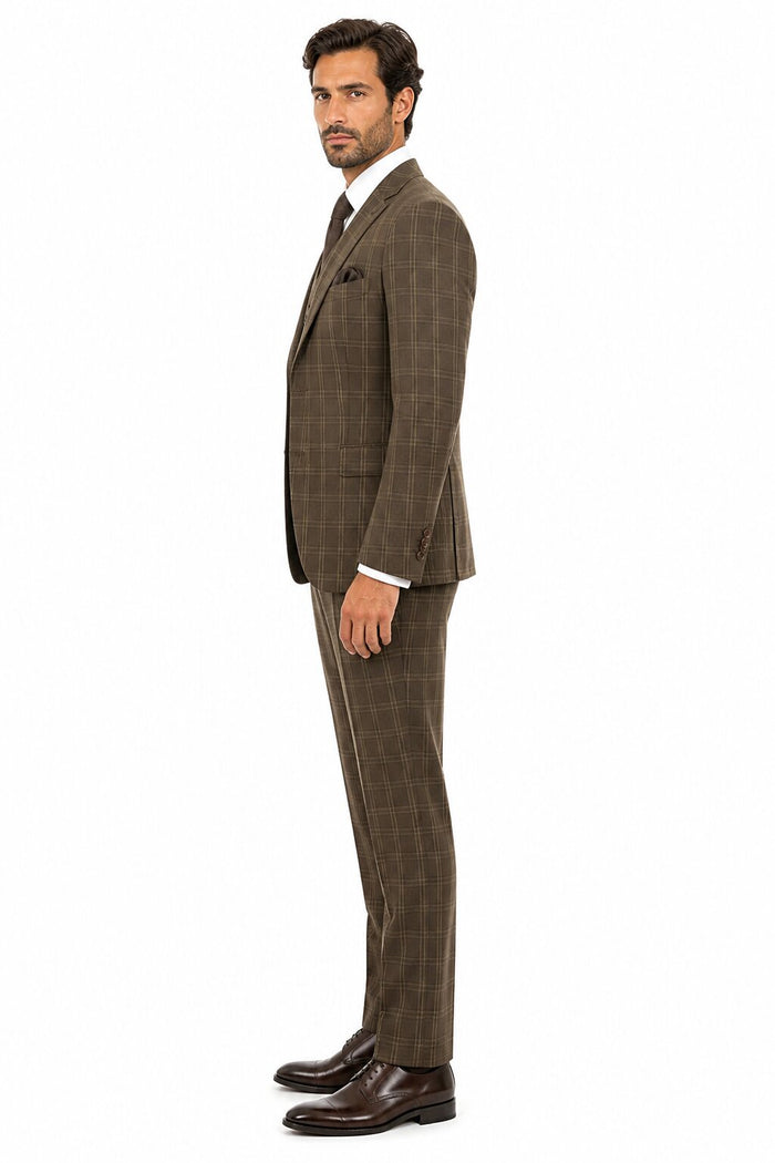 Mens Brown Windowpane Plaid Suit 2-Button Jacket with Double-Breasted Vest