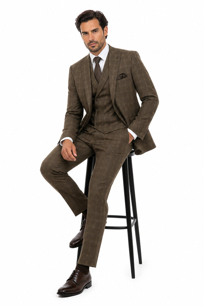 Mens Brown Windowpane Plaid Suit 2-Button Jacket with Double-Breasted Vest