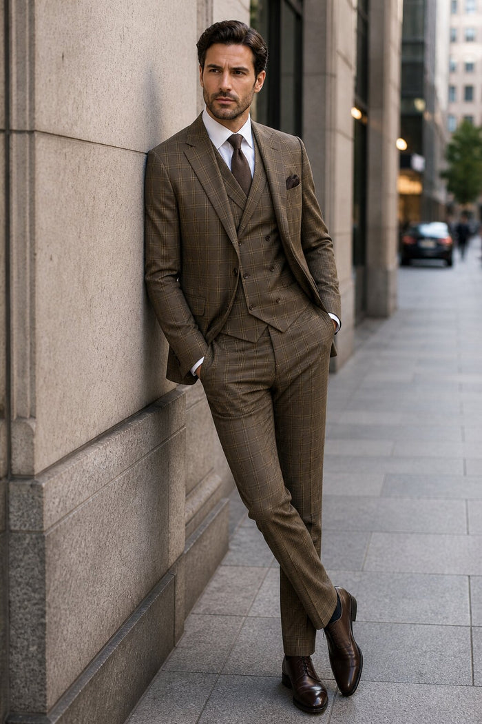 Mens Brown Windowpane Plaid Suit 2-Button Jacket with Double-Breasted Vest
