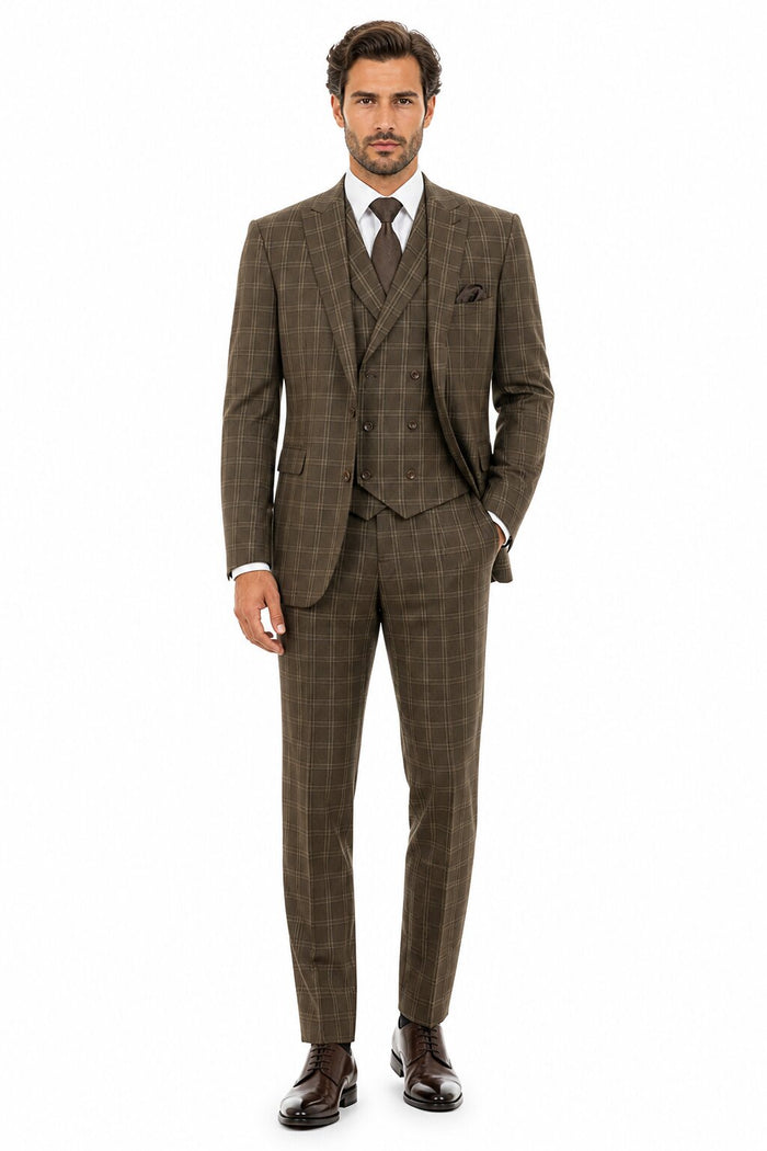 Mens Brown Windowpane Plaid Suit 2-Button Jacket with Double-Breasted Vest