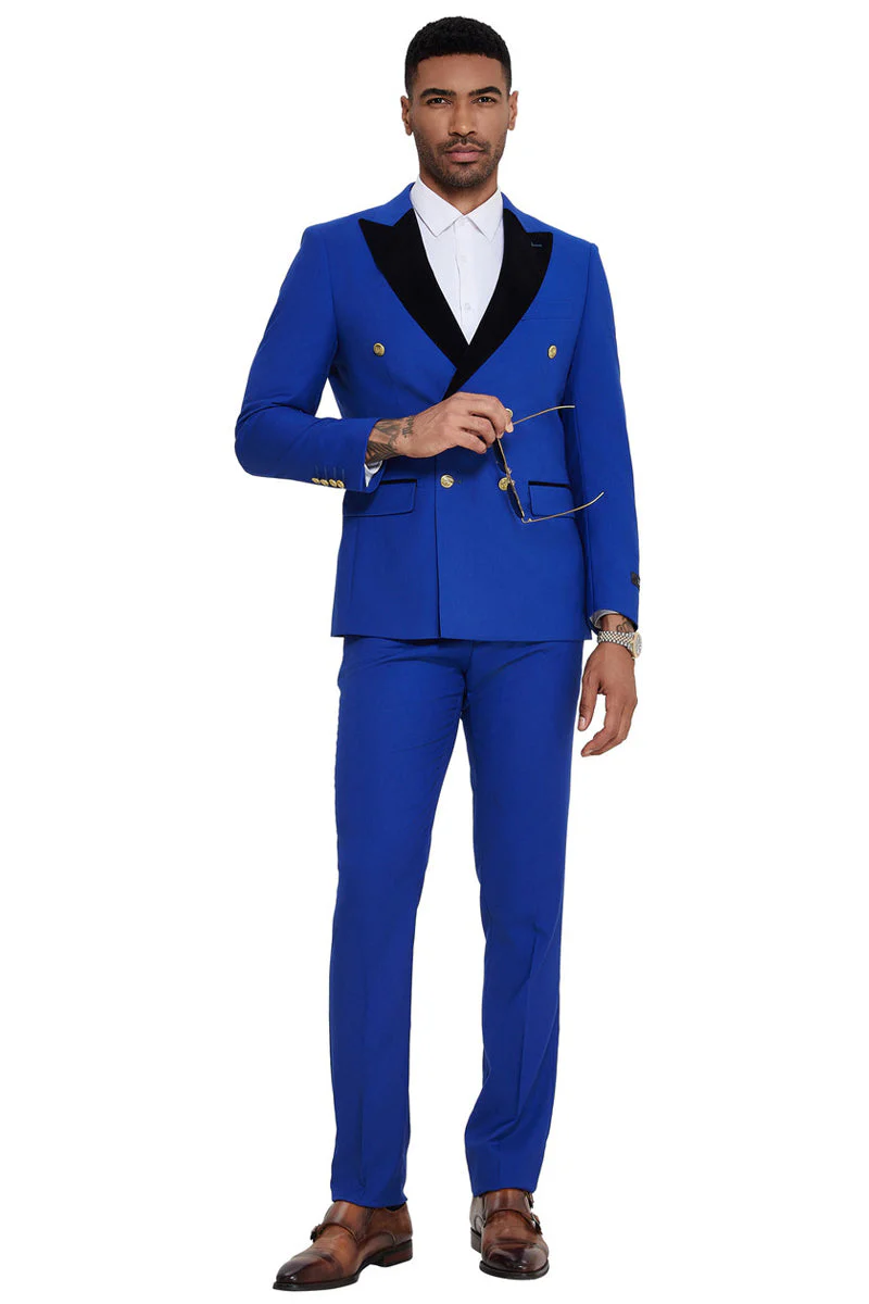 Mens Double Breasted Wedding Suit With Velvet Peak Lapel and Gold Buttons in Royal Blue